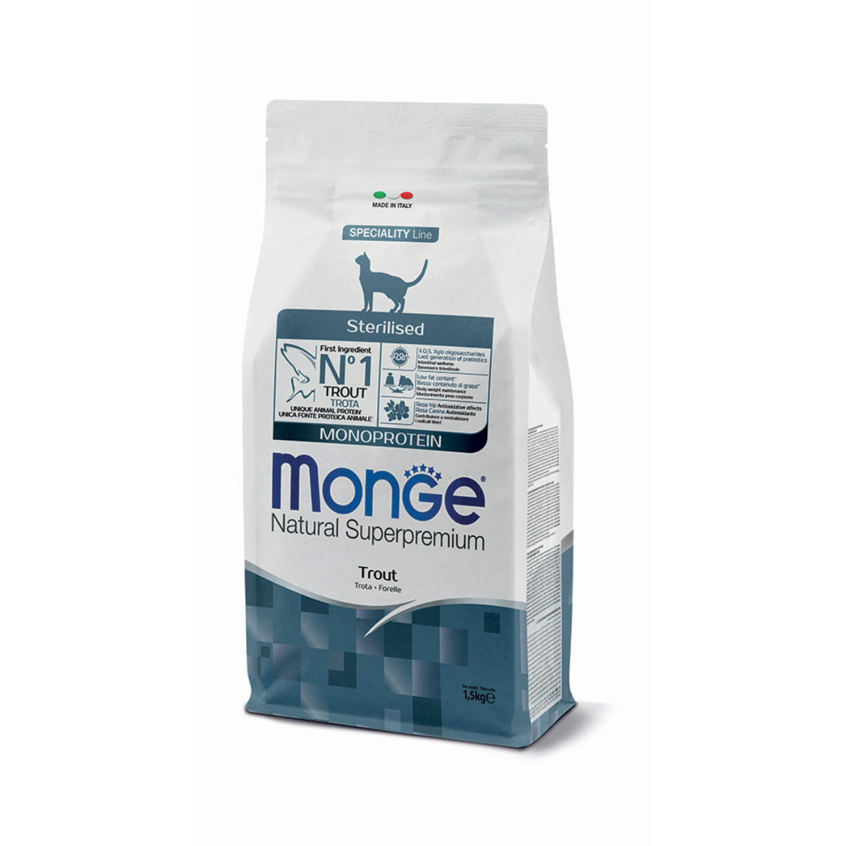 MONGE Natural Superpremium Monoprotein Sterilised, Păstrăv, hrană uscată pisici sterilizate, 1.5kg - poza 2