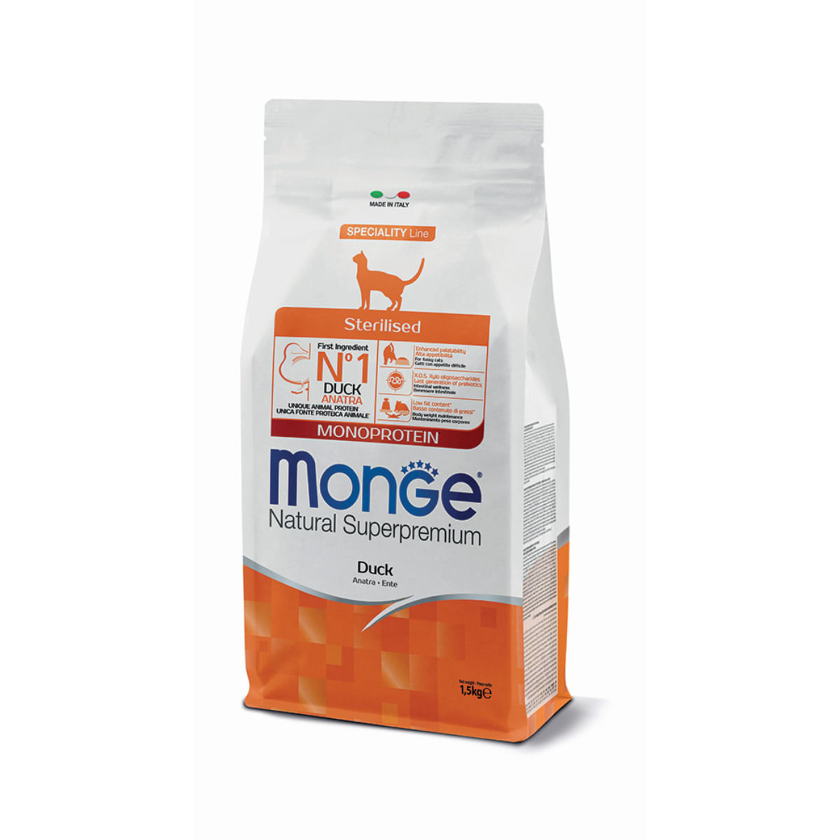 MONGE Natural Superpremium Monoprotein Sterilised, Rață, hrană uscată pisici sterilizate, 1.5kg - poza 1