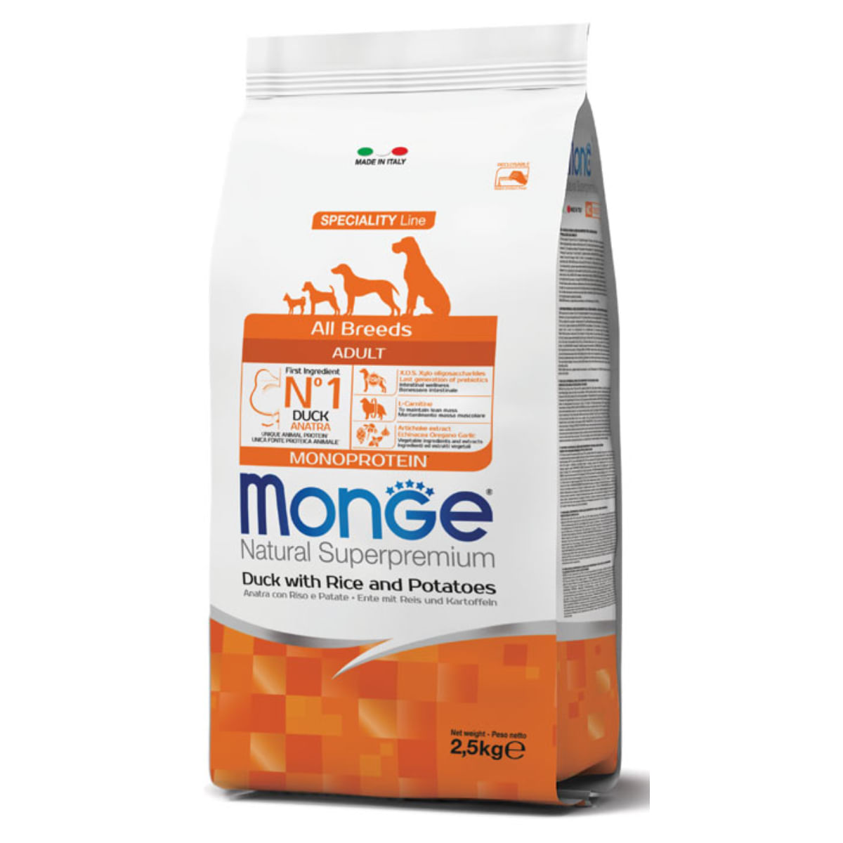 MONGE Natural Superpremium Monoprotein, XS-XL, Rață și Orez, hrană uscată câini, 2.5kg - poza 2