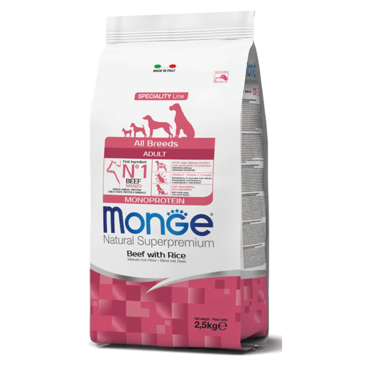 MONGE Natural Superpremium Monoprotein, XS-XL, Vită și Orez, hrană uscată câini, 2.5kg - poza 1