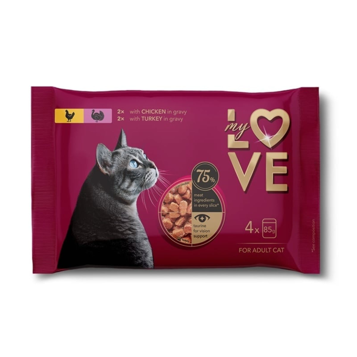 MY LOVE, Pui și Curcan, plic hrană umedă pisici, (în sos), multipack, 85g x 4buc - poza 1