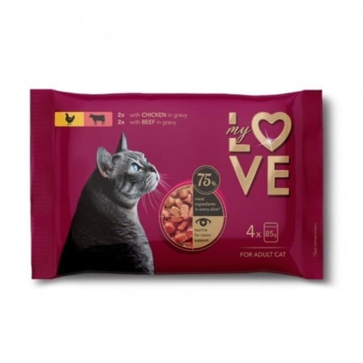 MY LOVE, Pui și Vită, plic hrană umedă pisici, (în sos), multipack, 85g x 4buc - poza 2