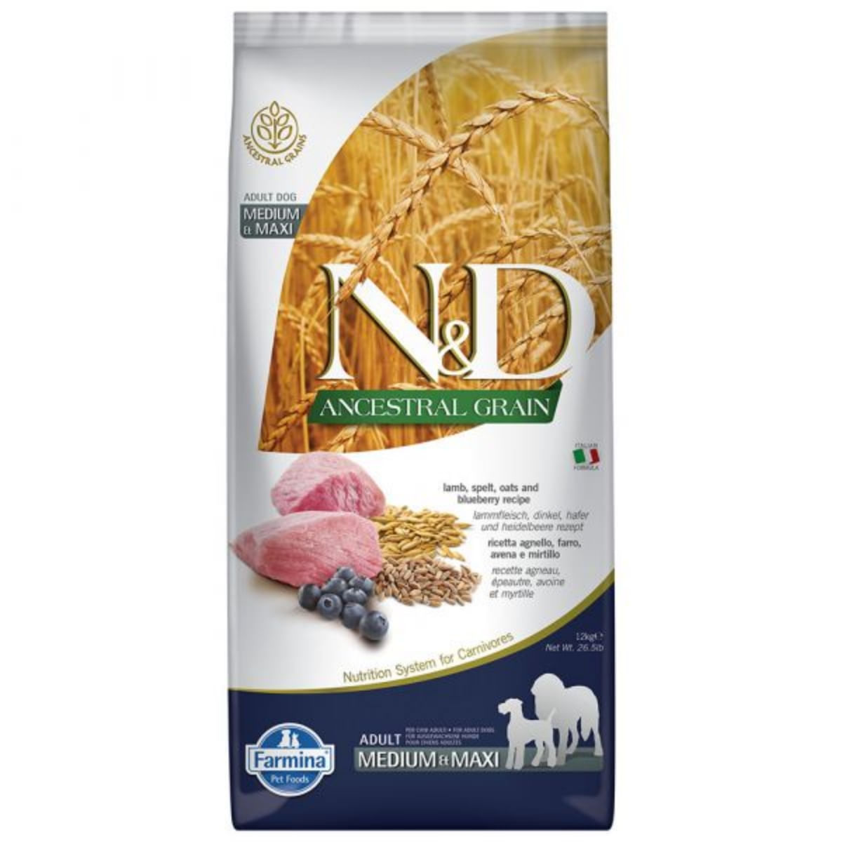 N&D Ancestral Grain Adult Medium/Maxi, M-XL, Miel și afine, hrană uscată conținut redus cereale câini, 12kg - poza 2