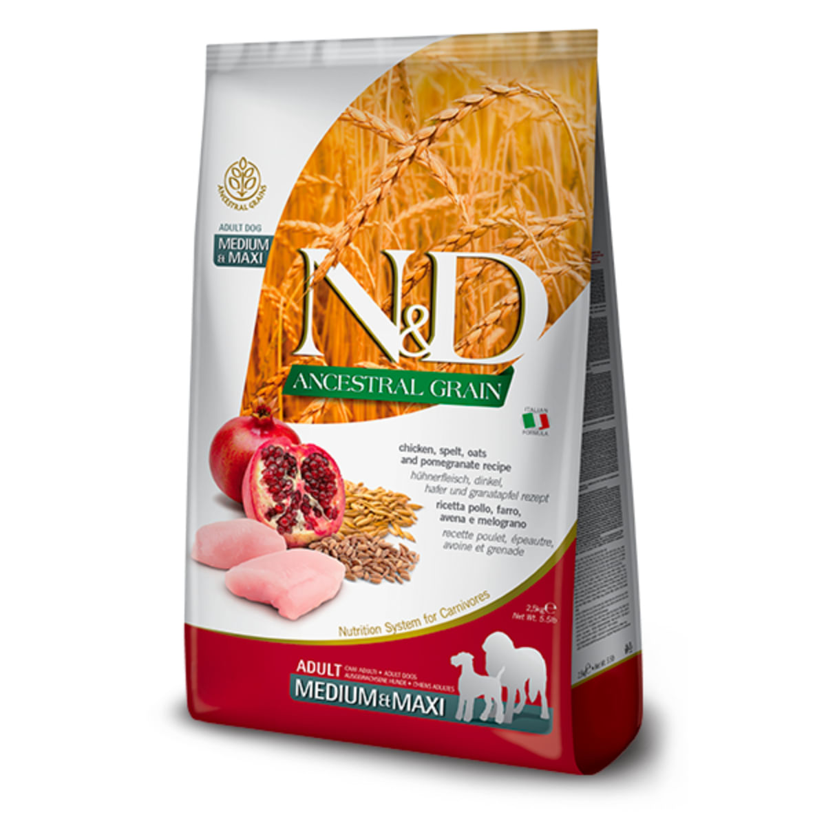 N&D Ancestral Grain Adult Medium & Maxi, M-XL, Pui și Rodie, hrană uscată câini, 2.5kg - poza 2