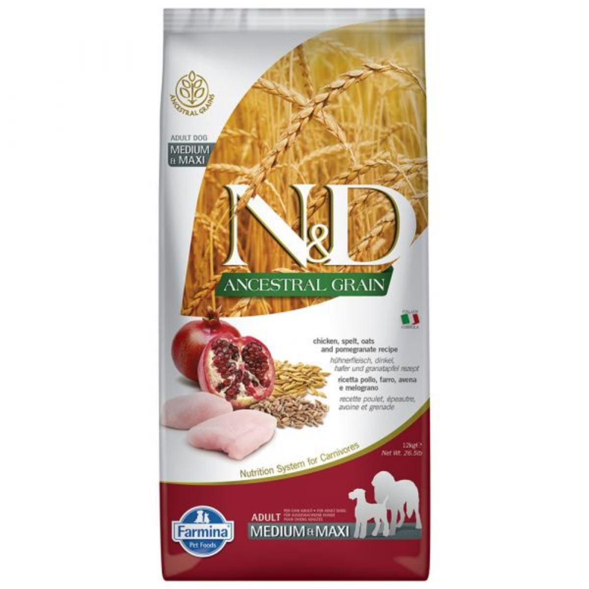 N&D Ancestral Grain Adult Medium/Maxi, M-XL, Pui și Rodie, hrană uscată conținut redus cereale câini, 12kg - poza 2