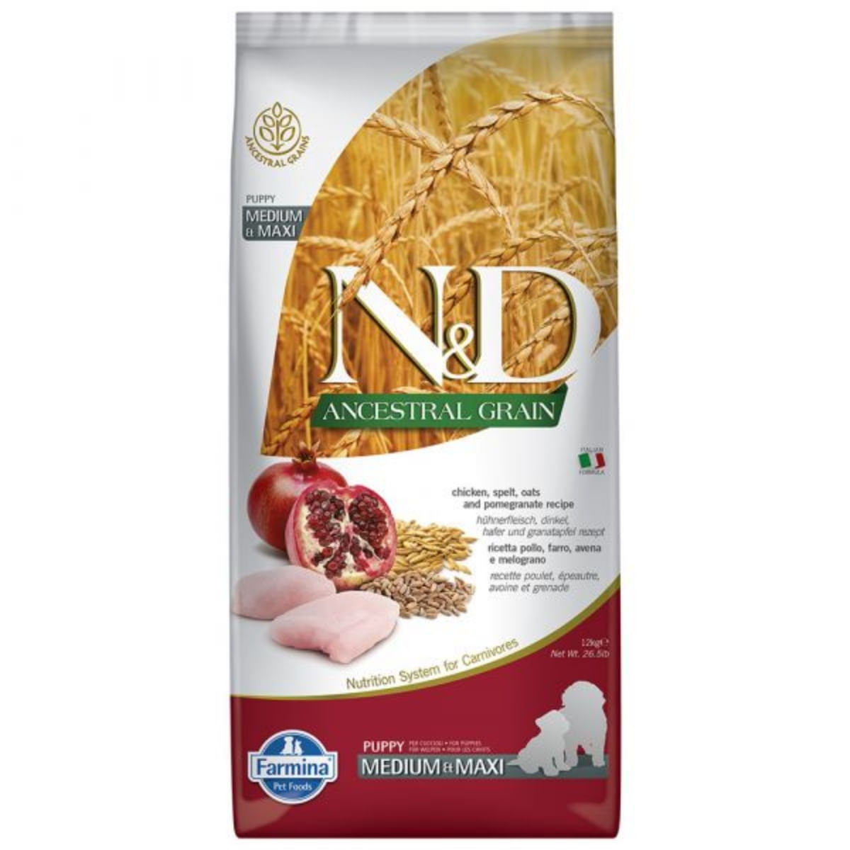 N&D Ancestral Grain Puppy Medium/Maxi, M-XL, Pui și Rodie, hrană uscată conținut redus cereale câini junior, 12kg - poza 2