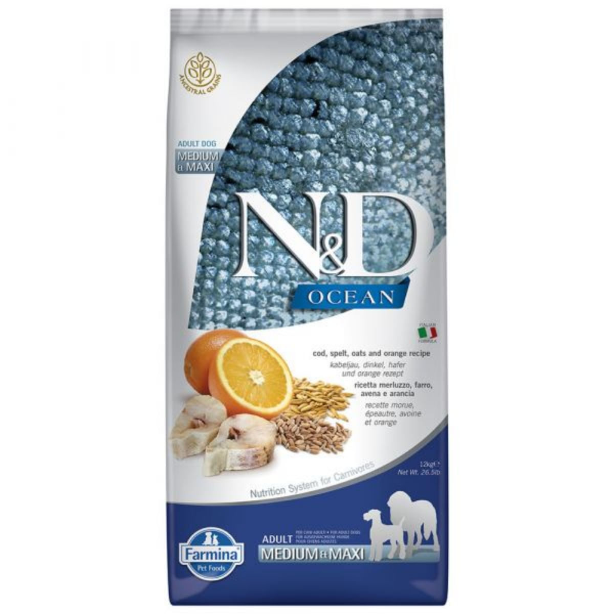 N&D Ocean Adult Medium/Maxi, M-XL, Cod și Protocală, hrană uscată fără cereale câini, 12kg - poza 2