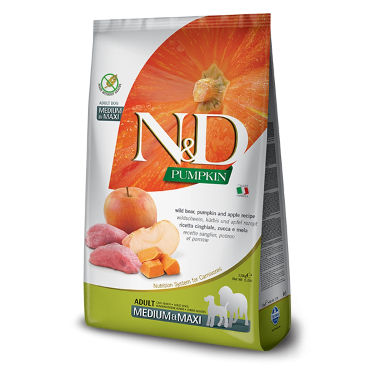 N&D Pumpkin Adult Medium/Maxi, M-XL, Mistreț și Măr, hrană uscată fără cereale câini, 12kg - poza 1