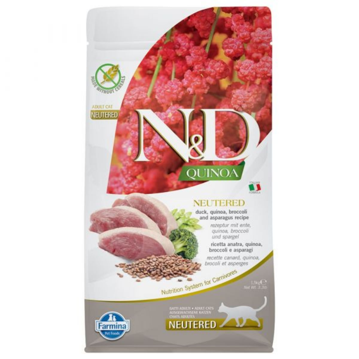 N&D Quinoa Adult Sterilizat, Rață și Broccoli, hrană uscată fără cereale pisici, 1.5kg - poza 2