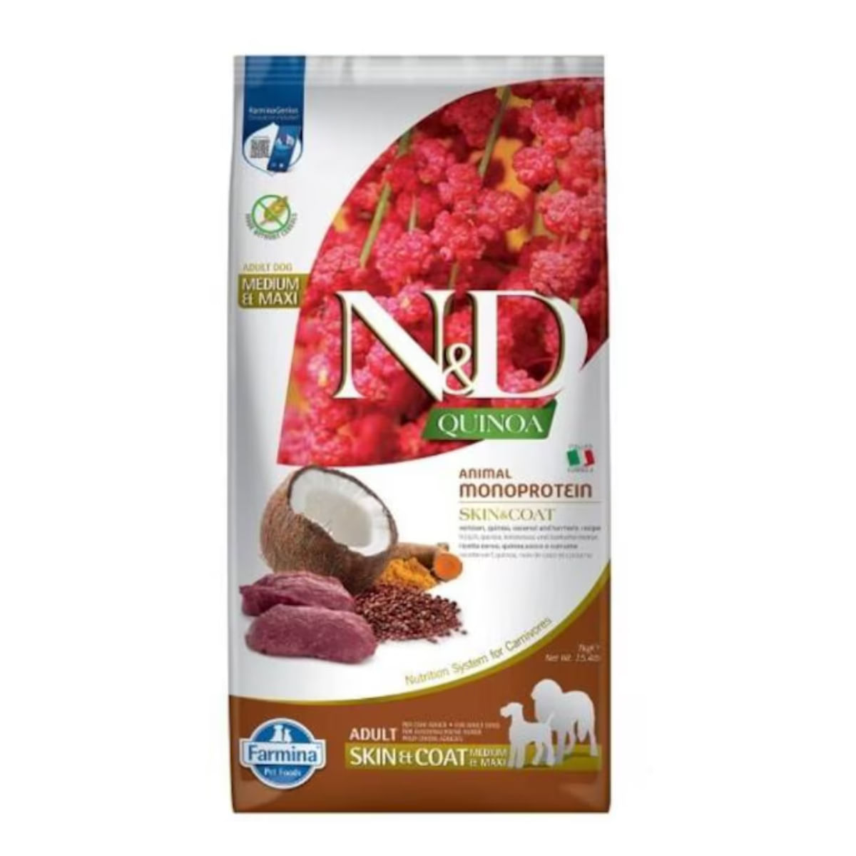 N&D Quinoa Skin&Coat, M-XL, Vânat, hrană uscată fără cereale câini, piele & blană, 7kg