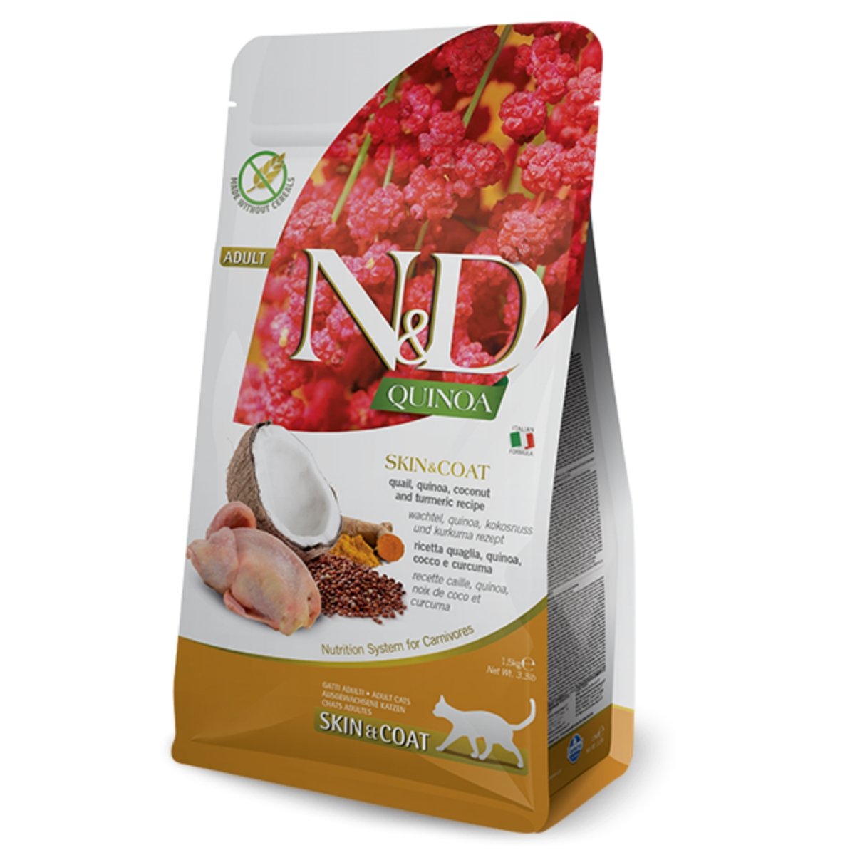 N&D Quinoa Skin & Coat, Prepeliță, hrană uscată fără cereale pisici, piele & blană, 1.5kg - poza 1
