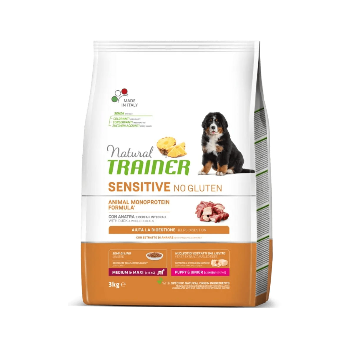 NATURAL TRAINER Sensitive No Gluten Puppy&Junior, M-XL, Rață, hrană uscată monoproteică câini junior, sistem digestiv, 3kg - poza 2