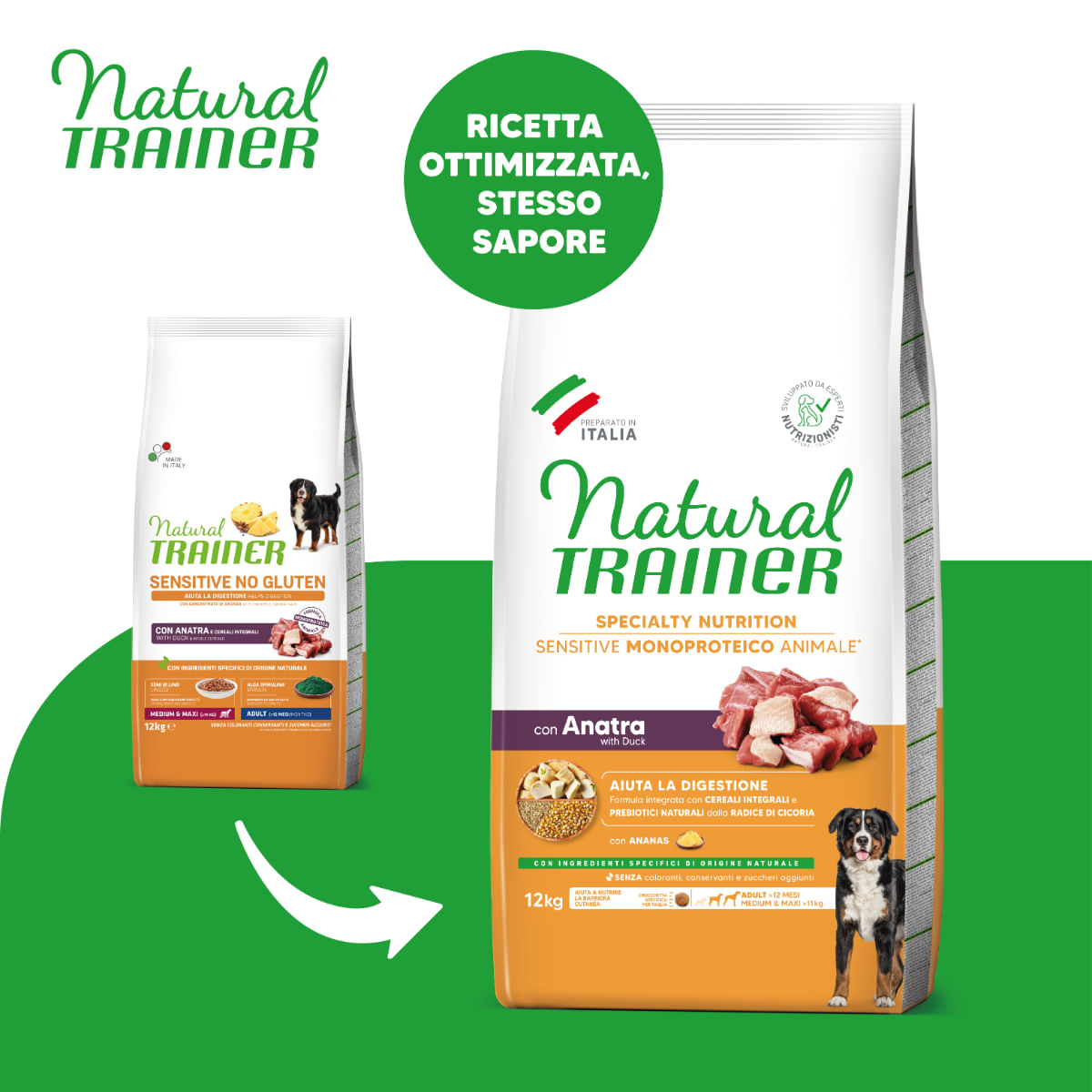 NATURAL TRAINER Speciality Nutrition Sensitive, M-XL, Rață, hrană uscată monoproteică câini, sistem digestiv, 12kg - poza 1