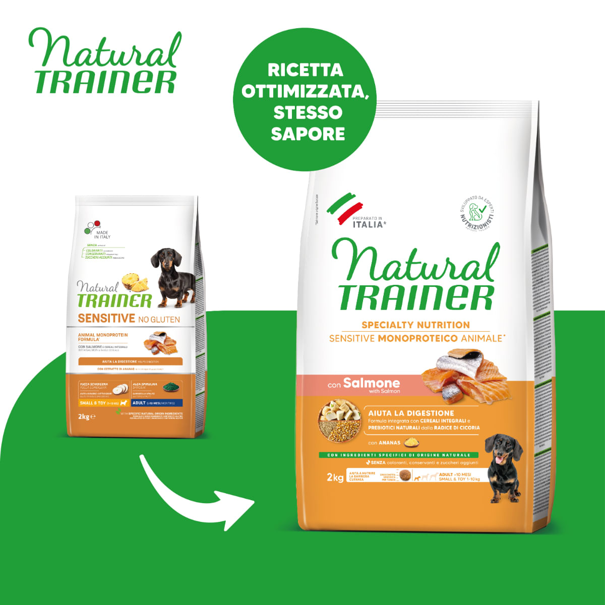 NATURAL TRAINER Speciality Nutrition Sensitive, XS-S, Somon, hrană uscată monoproteică câini, sistem digestiv, 2kg - poza 1