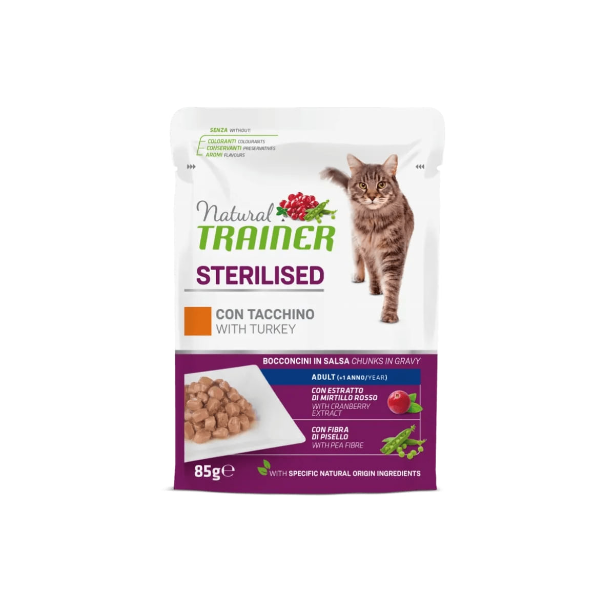 NATURAL TRAINER Sterilised, Curcan, plic hrană umedă pisici sterilizate, (în sos), 85g - poza 1