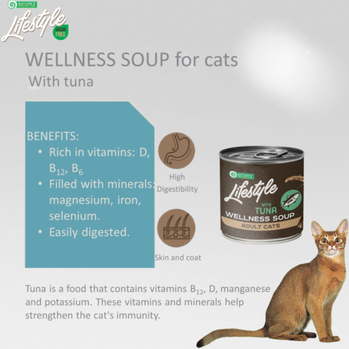 NATURES PROTECTION Lifestyle Sensitive Digestion Soup, Ton, conservă hrană umedă monoproteică pisici, sistem digestiv, (topping), 140g - poza 5