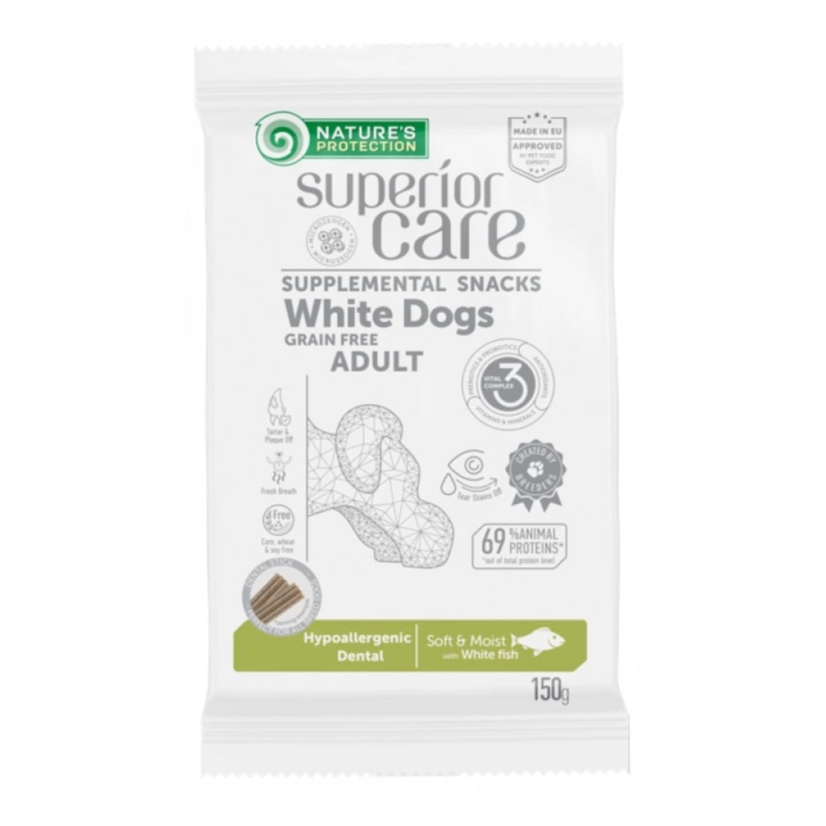 NATURES PROTECTION Superior Care blană albă, Pește Alb, recompense funcționale fără cereale câini, blană albă, igienă orală, 150g - poza 1