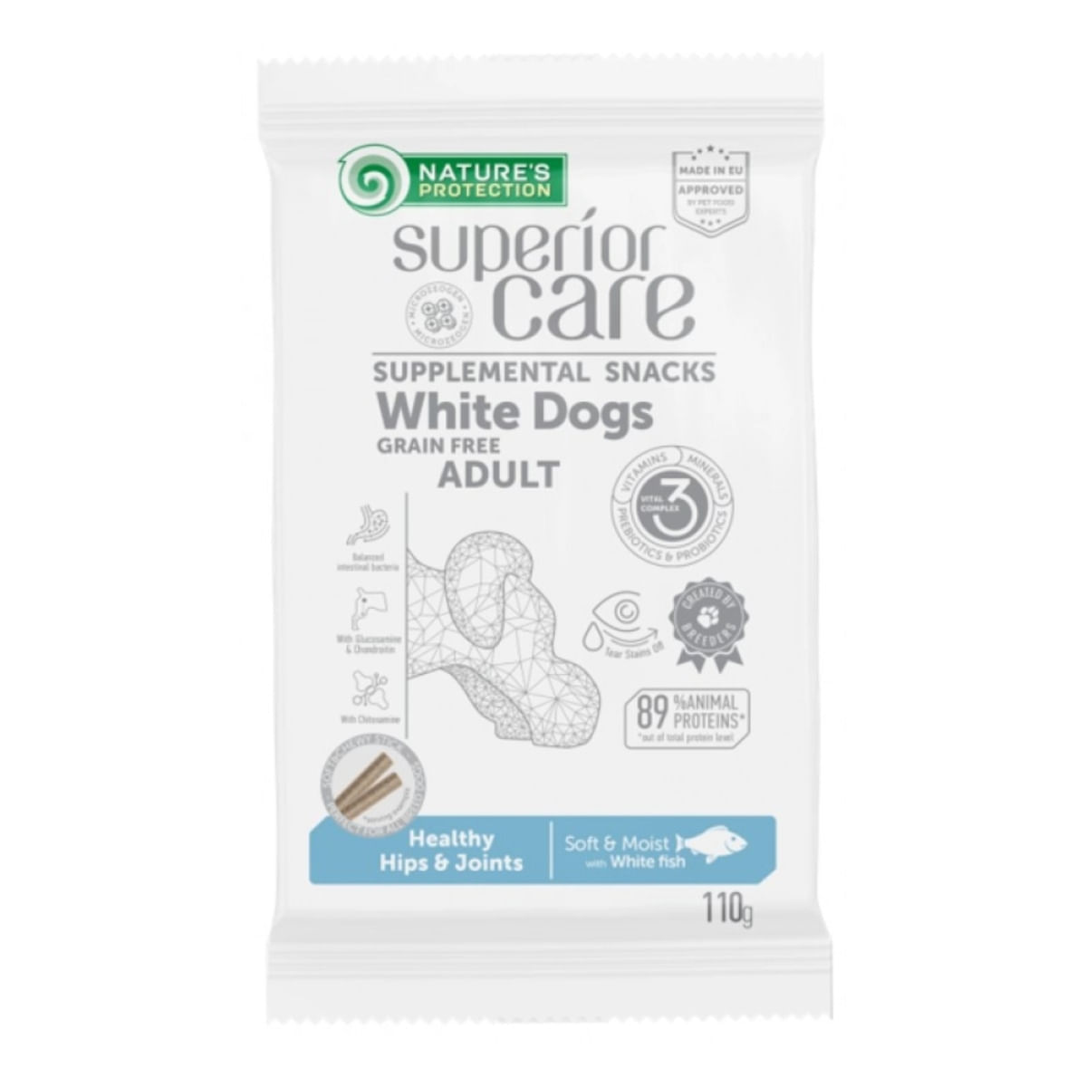 NATURES PROTECTION Superior Care blană albă, Pește Alb, recompense funcționale fără cereale câini, blană albă, suport articular, 110g - poza 1