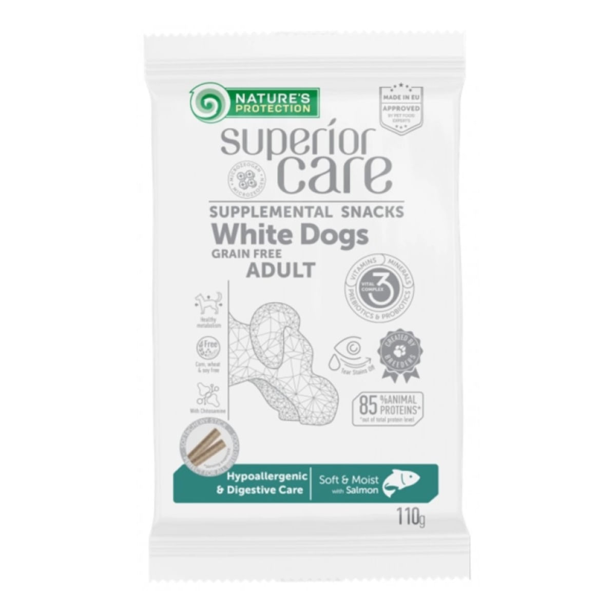 NATURES PROTECTION Superior Care blană albă, Somon, recompense funcționale hipoalergenice fără cereale câini, sensibilități digestive, 110g - poza 1