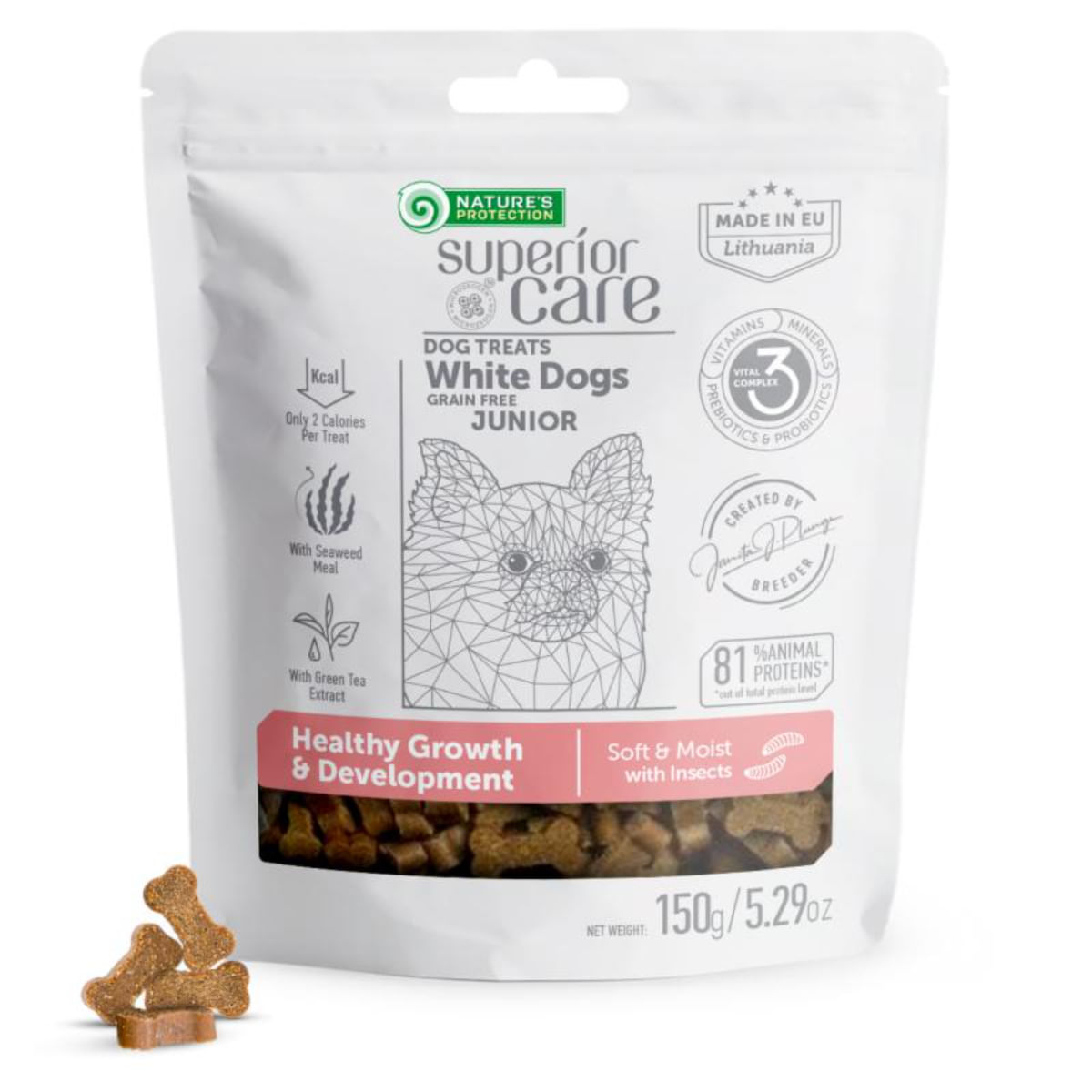 NATURES PROTECTION Superior Care Healthy Growth & Development, XS-XL, Insecte, punguță recompense funcționale fără cereale câini junior, 150g - poza 2