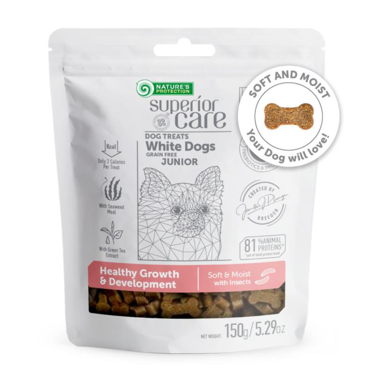 NATURES PROTECTION Superior Care Healthy Growth & Development, XS-XL, Insecte, punguță recompense funcționale fără cereale câini junior, 150g - poza 3