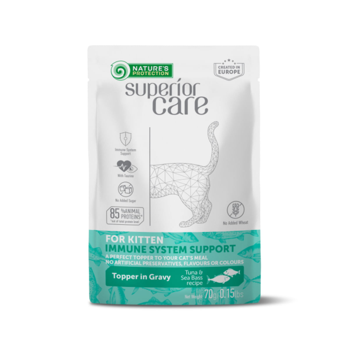 NATURES PROTECTION Superior Care Immune System, Ton și Șalău, plic hrană umedă pisici junior, sistem imunitar, (topping), 70g - poza 2