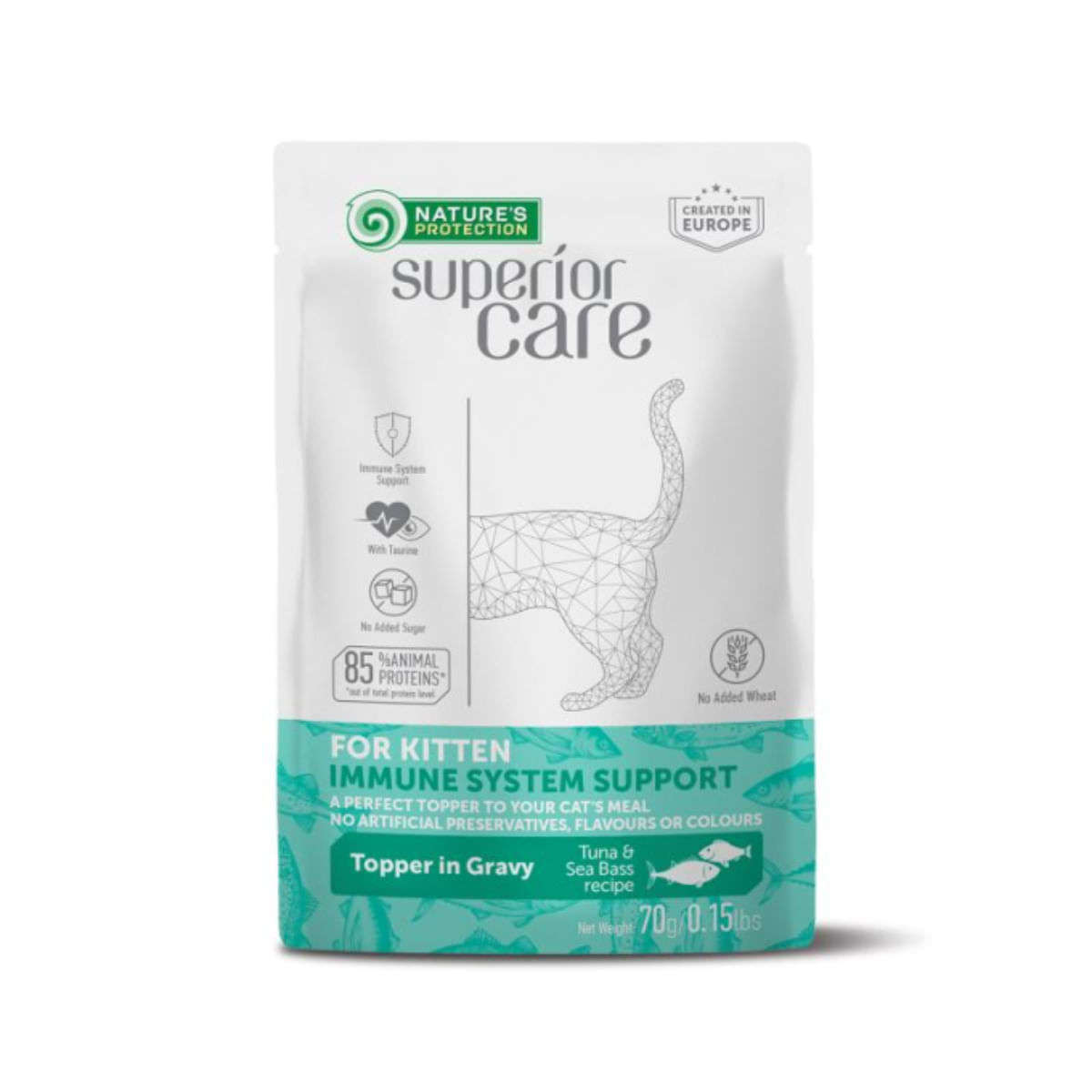 NATURES PROTECTION Superior Care Immune System, Ton și Șalău, plic hrană umedă pisici junior, sistem imunitar, (topping), 70g - poza 3