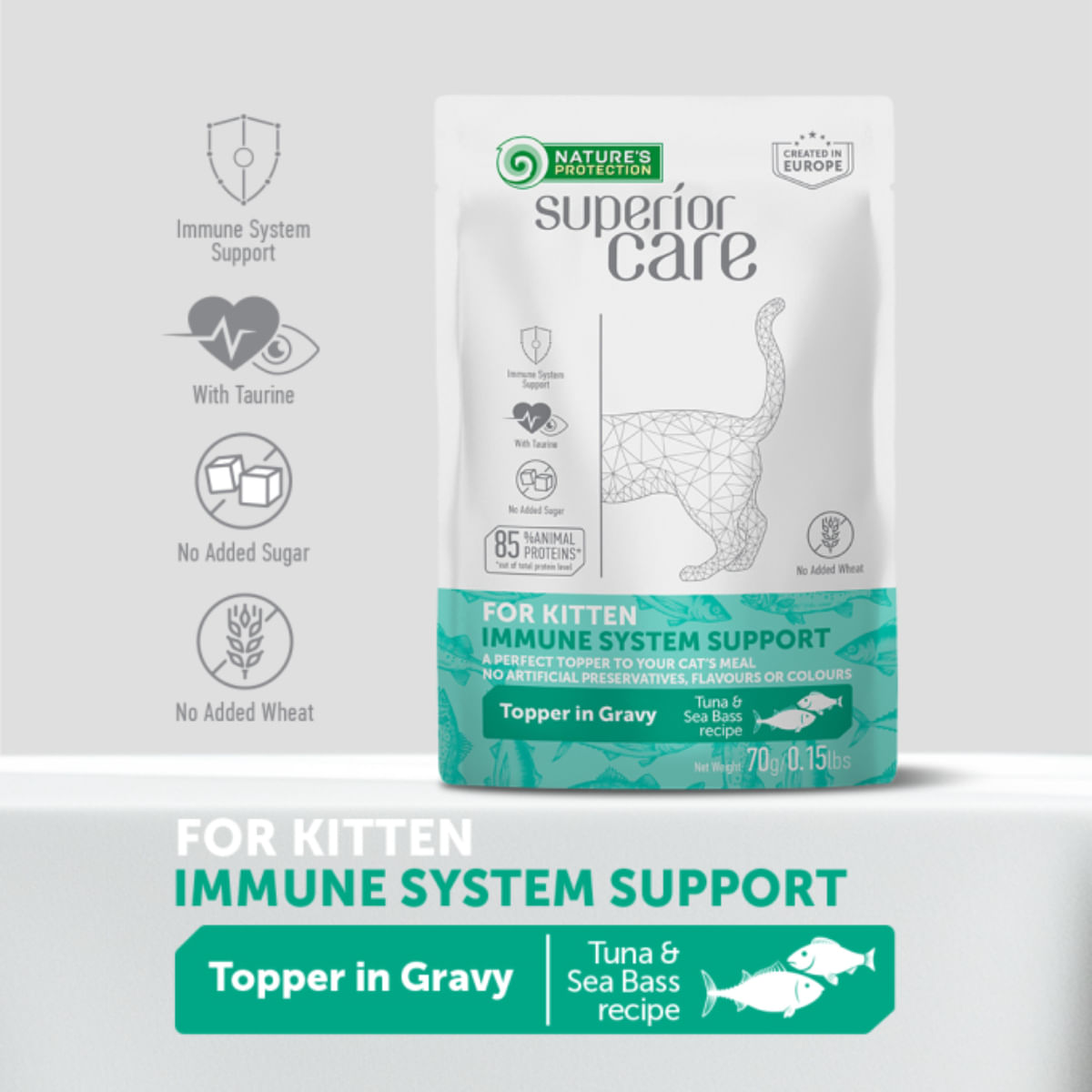 NATURES PROTECTION Superior Care Immune System, Ton și Șalău, plic hrană umedă pisici junior, sistem imunitar, (topping), 70g - poza 5