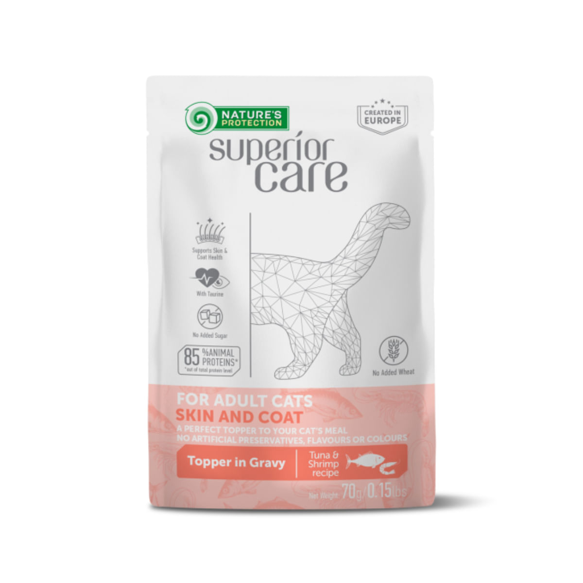 NATURES PROTECTION Superior Care Skin & Coat, Ton și Creveți, plic hrană umedă pisici, piele & blană, (topping), 70g - poza 2