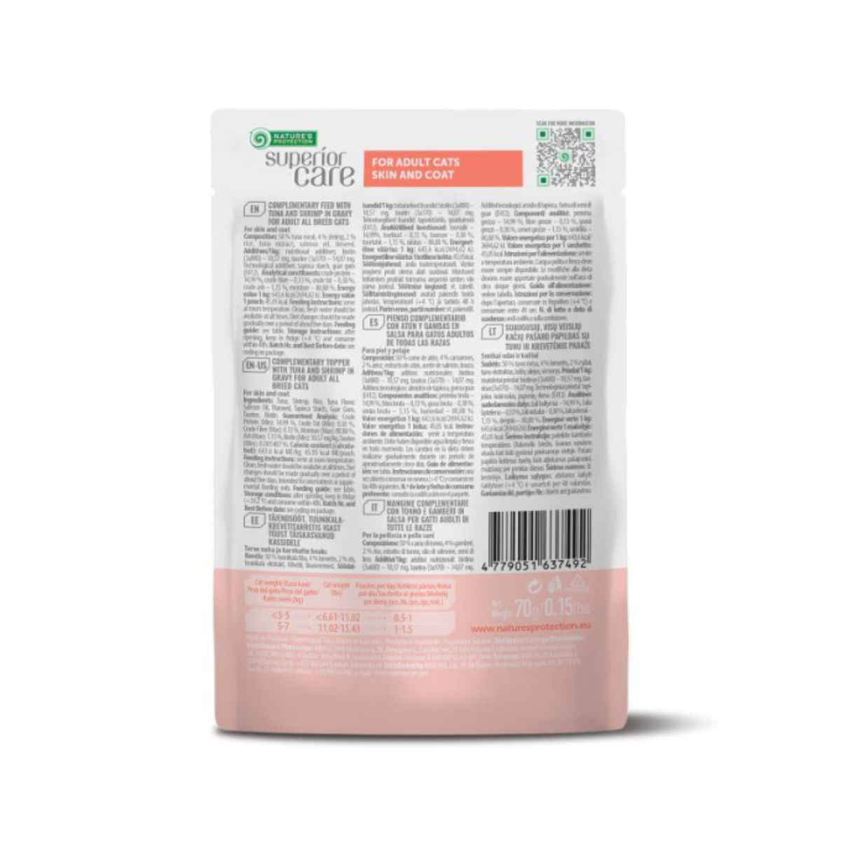 NATURES PROTECTION Superior Care Skin & Coat, Ton și Creveți, plic hrană umedă pisici, piele & blană, (topping), 70g - poza 3