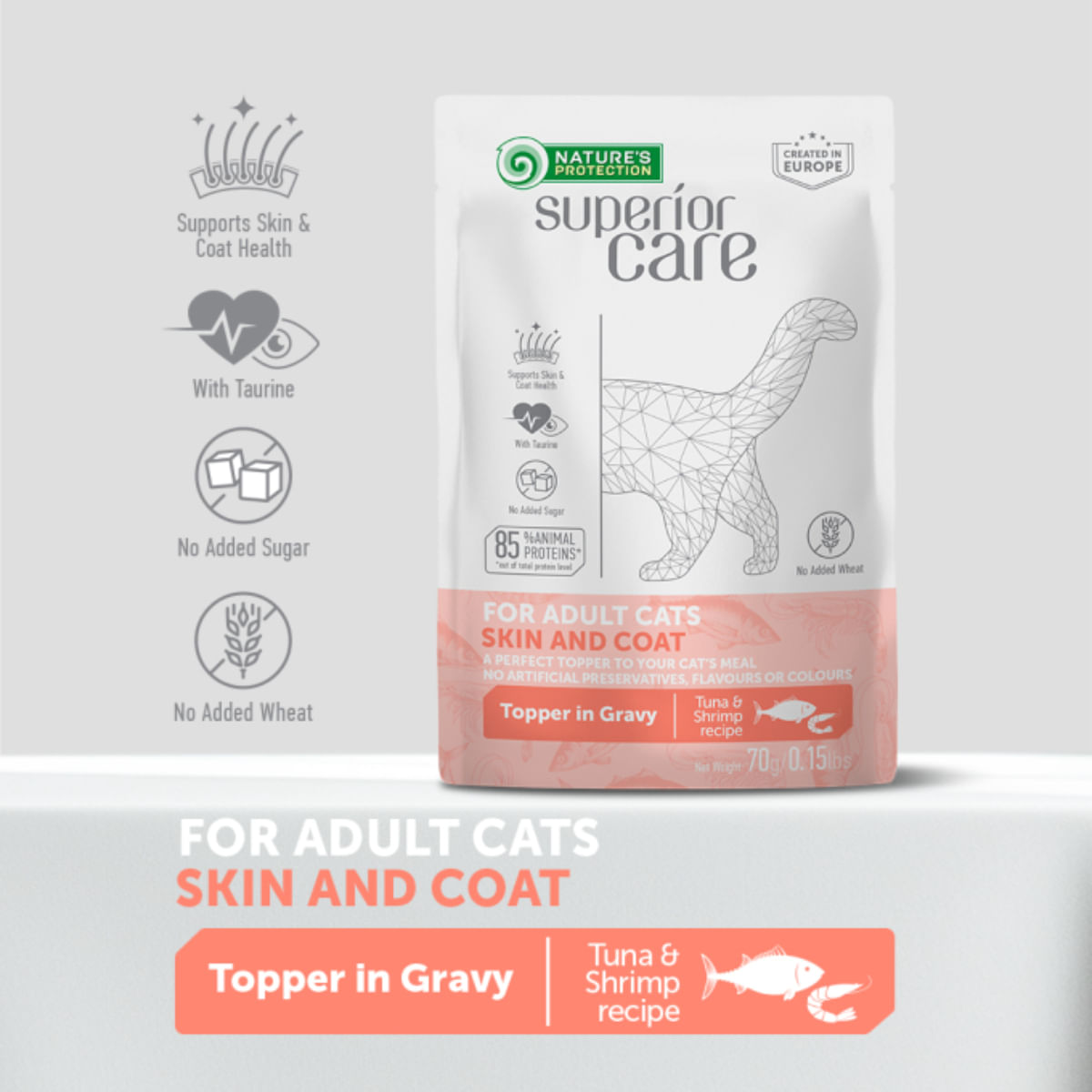 NATURES PROTECTION Superior Care Skin & Coat, Ton și Creveți, plic hrană umedă pisici, piele & blană, (topping), 70g - poza 4