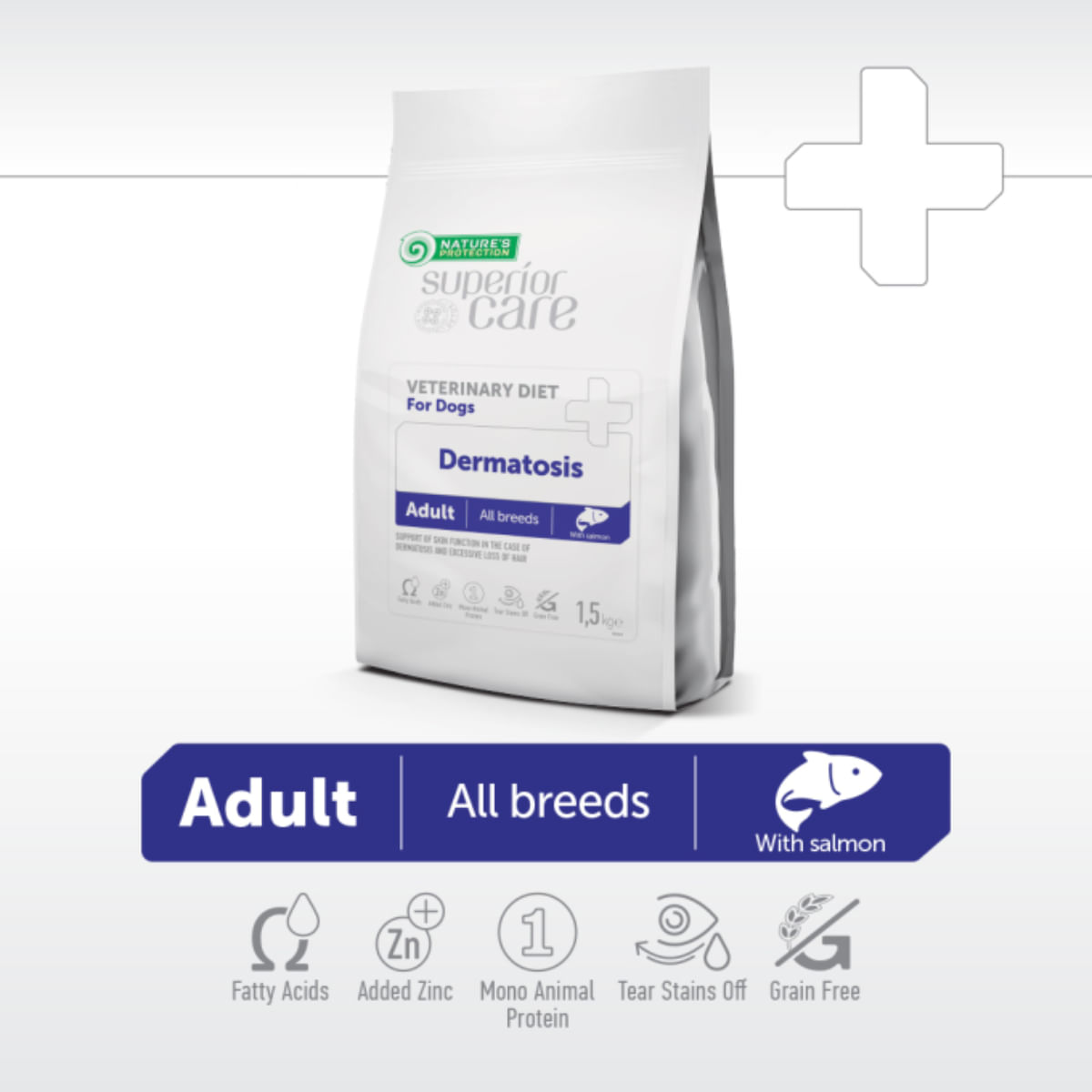 NATURES PROTECTION Superior Care Veterinary Diet Dermatosis, XS-XL, Somon, dietă veterinară, hrană uscată monoproteică câini, piele & blană, 1.5kg - poza 5