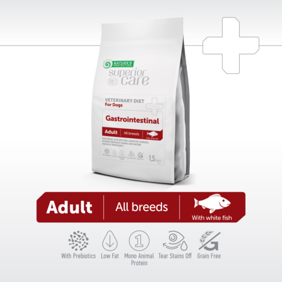 NATURES PROTECTION Superior Care Veterinary Diet Gastrointestinal White, XS-XL, Pește, dietă veterinară, hrană uscată câini, sistem digestiv, 1.5kg - poza 5