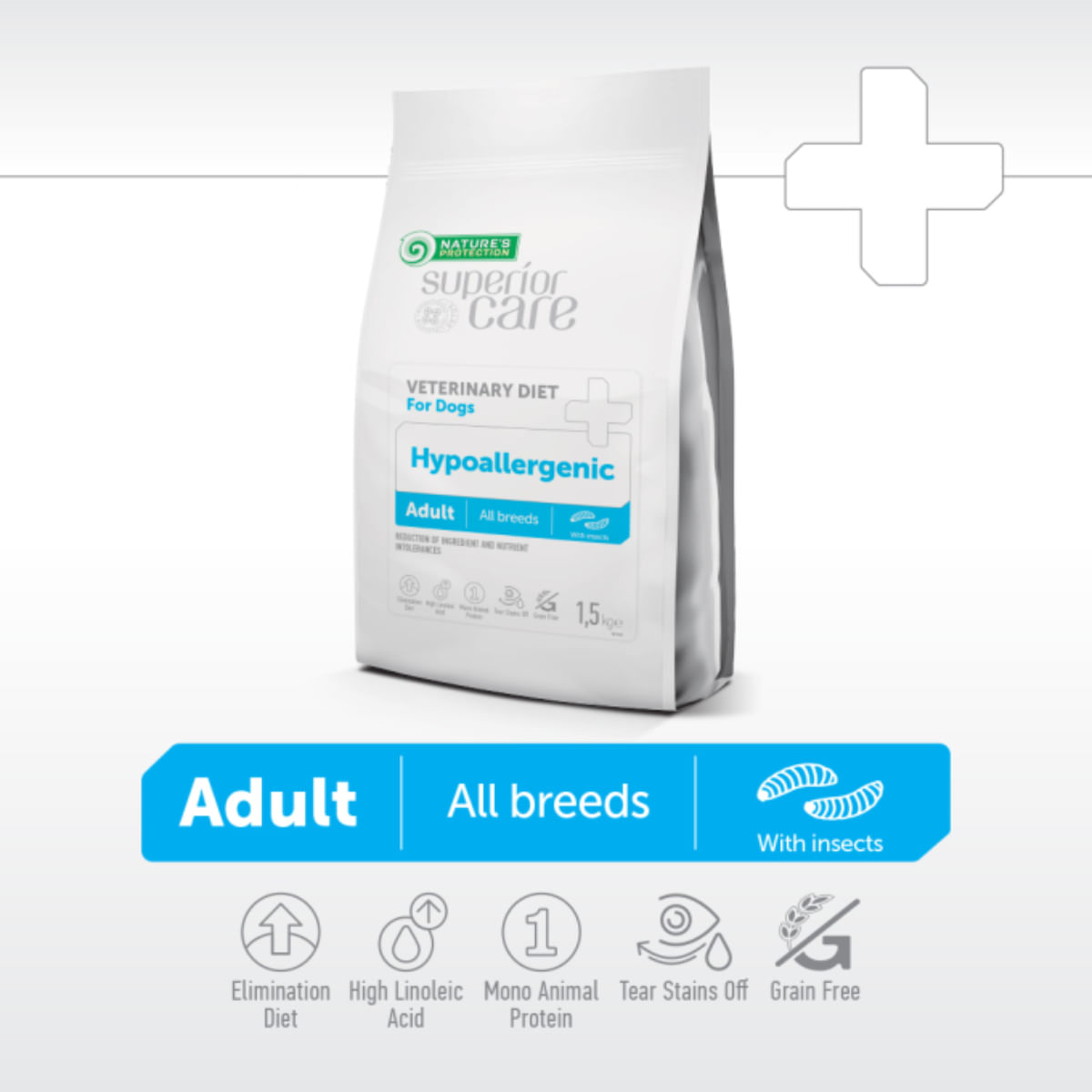 NATURES PROTECTION Superior Care Veterinary Diet Hypoallergenic, XS-XL, Insecte, dietă veterinară, hrană uscată monoproteică câini, alergii, 10kg - poza 4