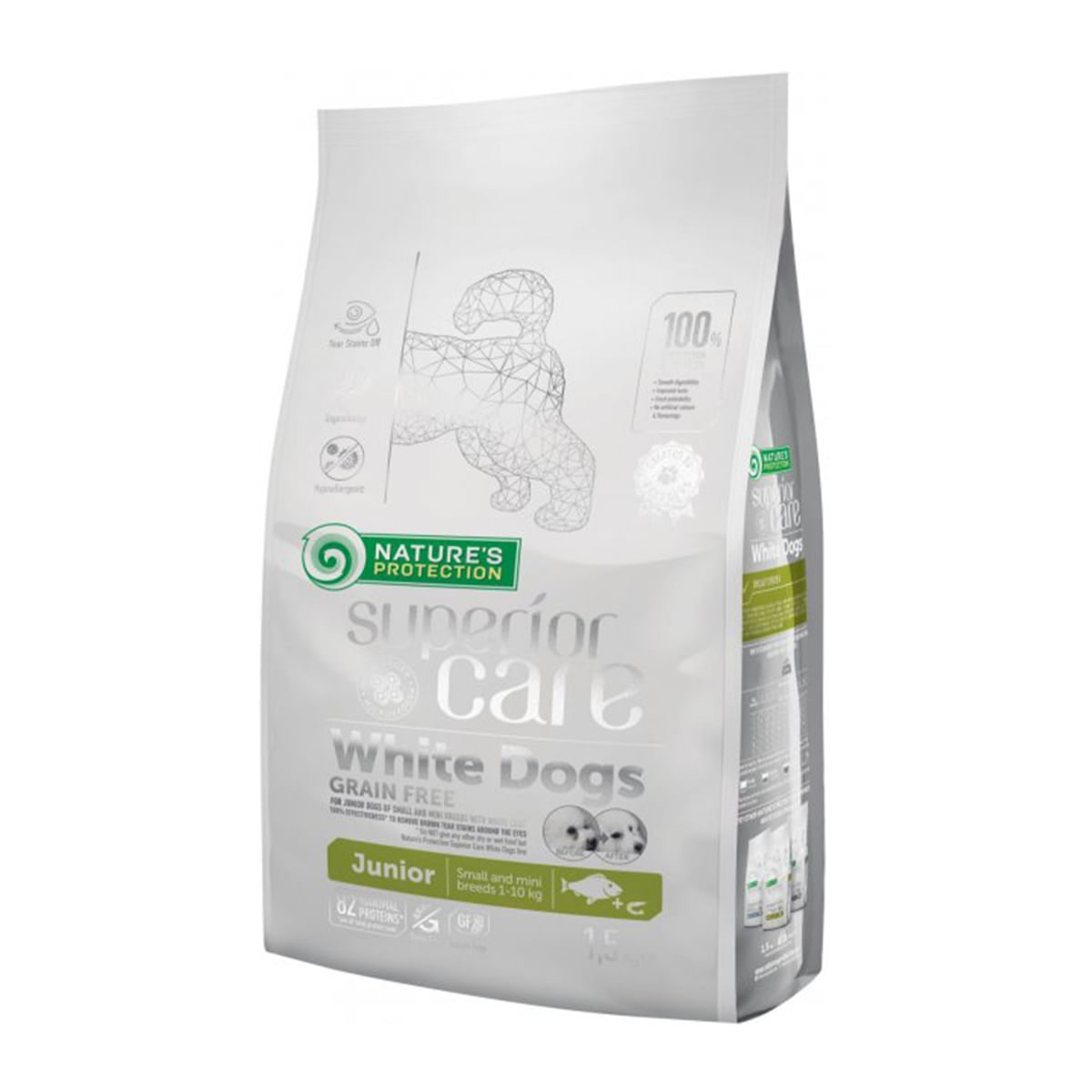 NATURES PROTECTION Superior Care White Dogs Junior Small&Mini, Pește Alb, hrană uscată fără cereale câini juniori, reducerea petelor la câinii albi NATURES PROTECTION Superior Care White Dogs Junior XS - S, Pește Alb, hrană uscată fără cere - poza 2