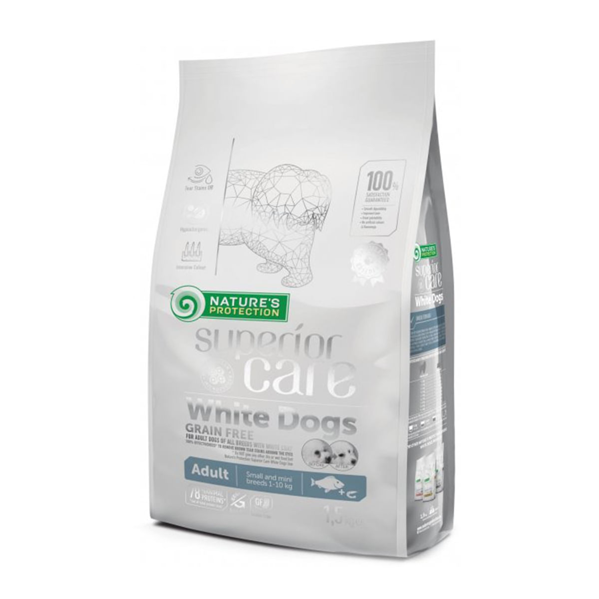 NATURES PROTECTION Superior Care White Dogs Small&Mini, Pește Alb, hrană uscată fără cereale câini, reducerea petelor maronii la câinii albi, 1.5kg - poza 1