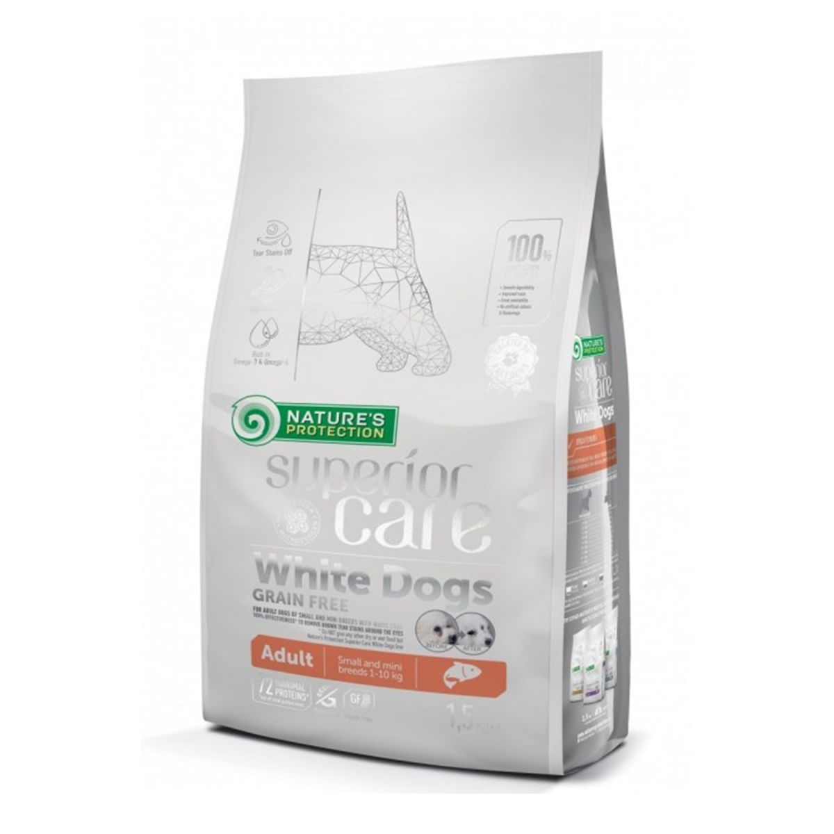 NATURES PROTECTION Superior Care White Dogs Small&Mini, Somon, hrană uscată fără cereale câini, reducerea petelor maronii la câinii albi, 10kg - poza 3
