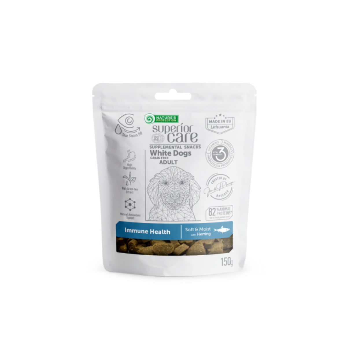 NATURES PROTECTION Superior Care White Dogs, XS-XL, Hering și Ceai verde, punguță recompense funcționale fără cereale câini, sistem imunitar, 150g - poza 1