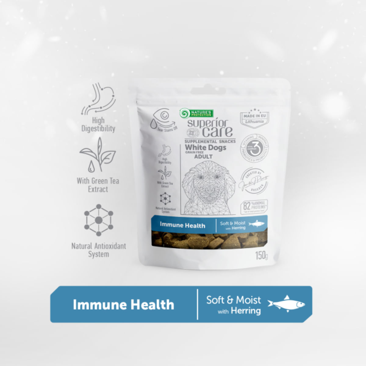 NATURES PROTECTION Superior Care White Dogs, XS-XL, Hering și Ceai verde, punguță recompense funcționale fără cereale câini, sistem imunitar, 150g - poza 3