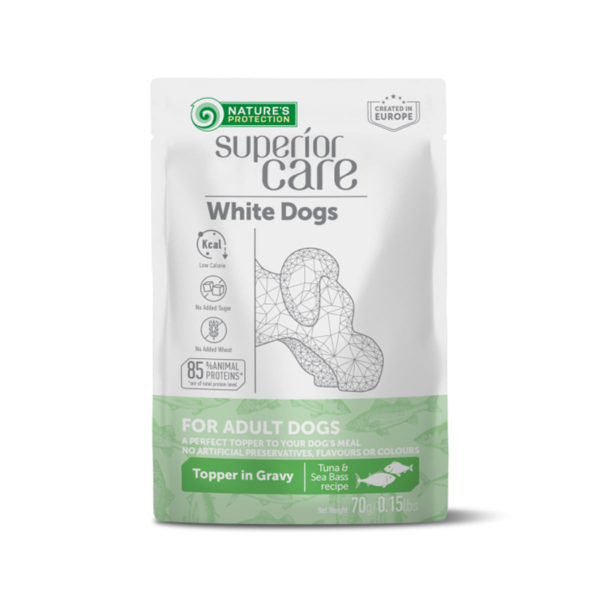 NATURES PROTECTION Superior Care White Dogs, XS-XL, Ton și Pește alb, plic hrană umedă câini, (topping), 70g - poza 2