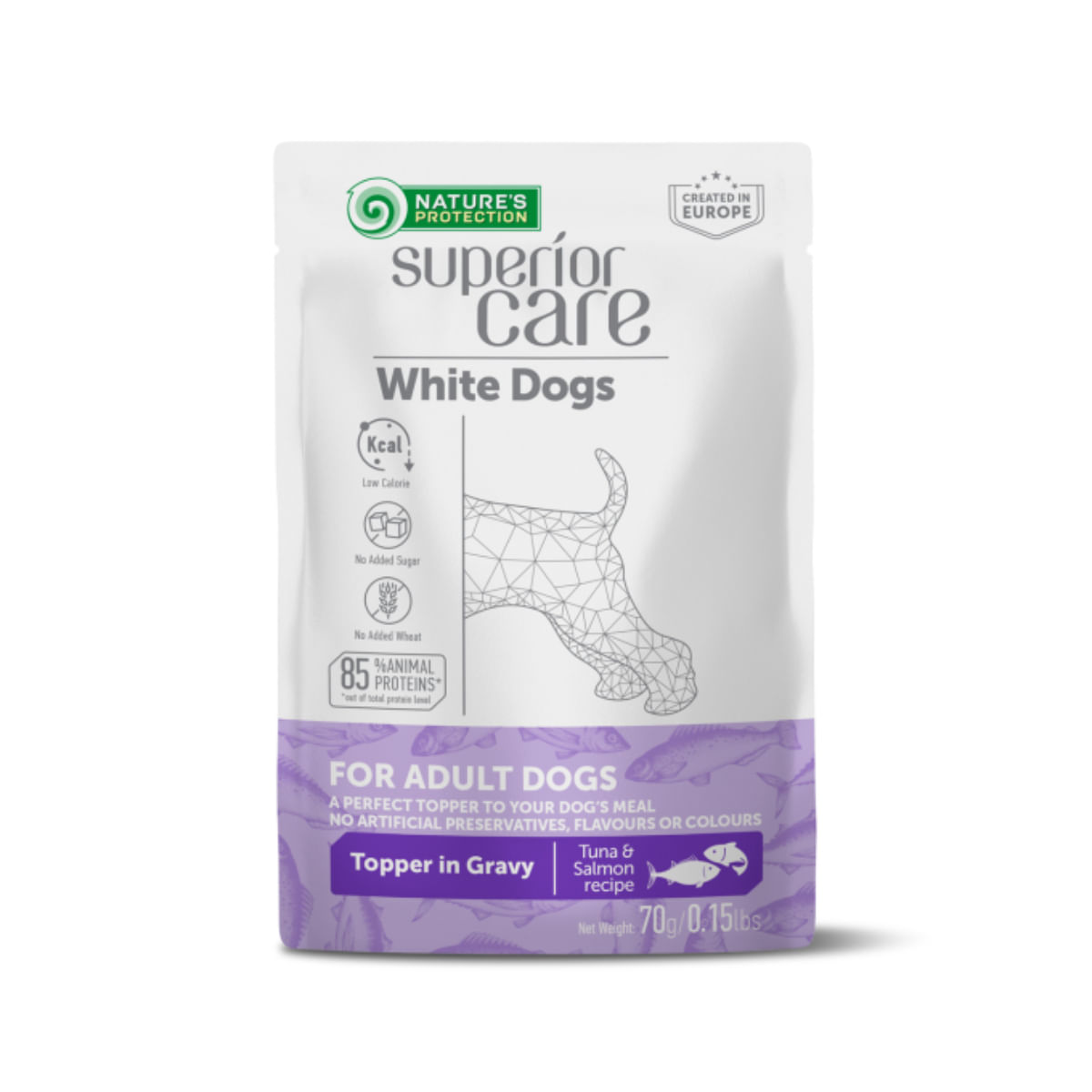 NATURES PROTECTION Superior Care White Dogs, XS-XL, Ton și Somon, plic hrană umedă câini, (topping), 70g - poza 1