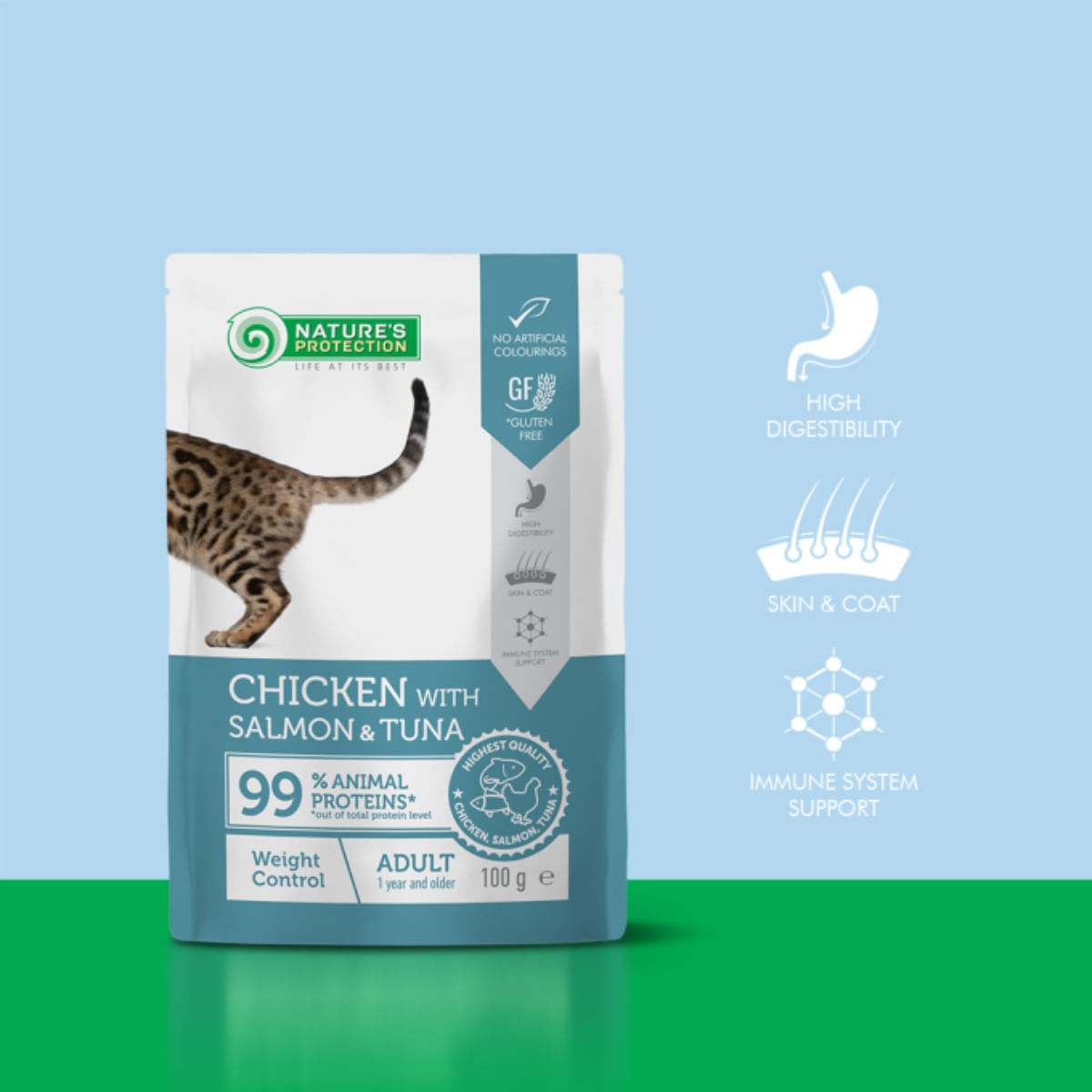NATURES PROTECTION Weight Control, Pui și Somon, plic hrană umedă pisici, obezitate, (în sos), 100g - poza 3