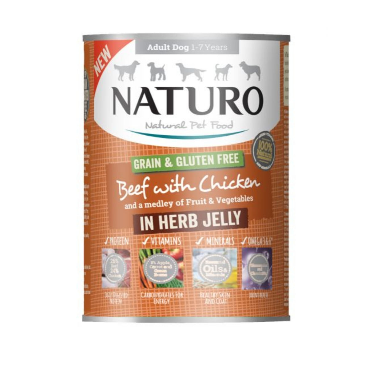 NATURO Grain Free, XS-L, Vită și Pui, conservă hrană umedă fără cereale câini, (în aspic), 390g - poza 2
