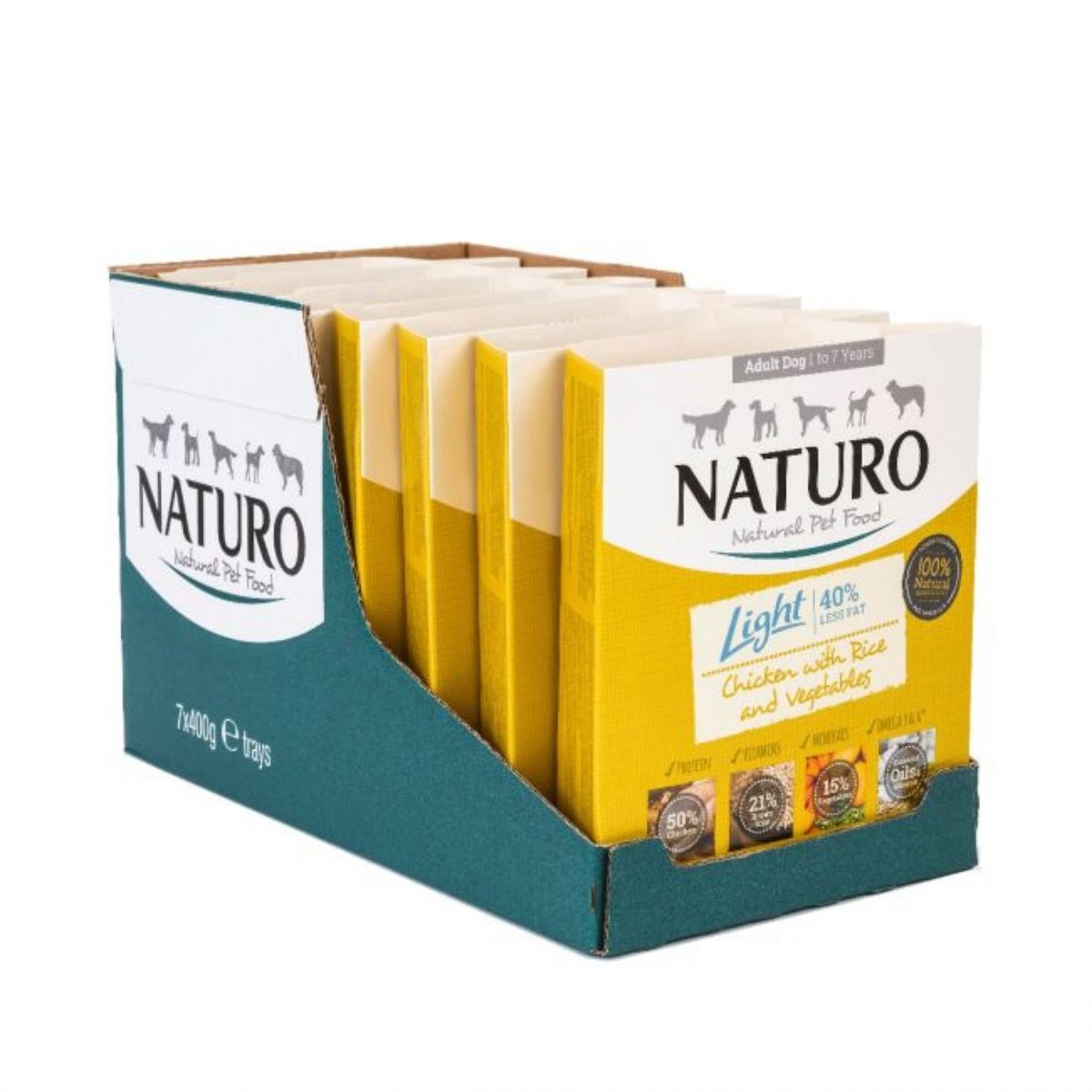 NATURO Low Grain Light, XS-L, Pui și Legume, tăviță hrană umedă conținut redus cereale câini, managementul greutății, (în aspic), 400g - poza 1