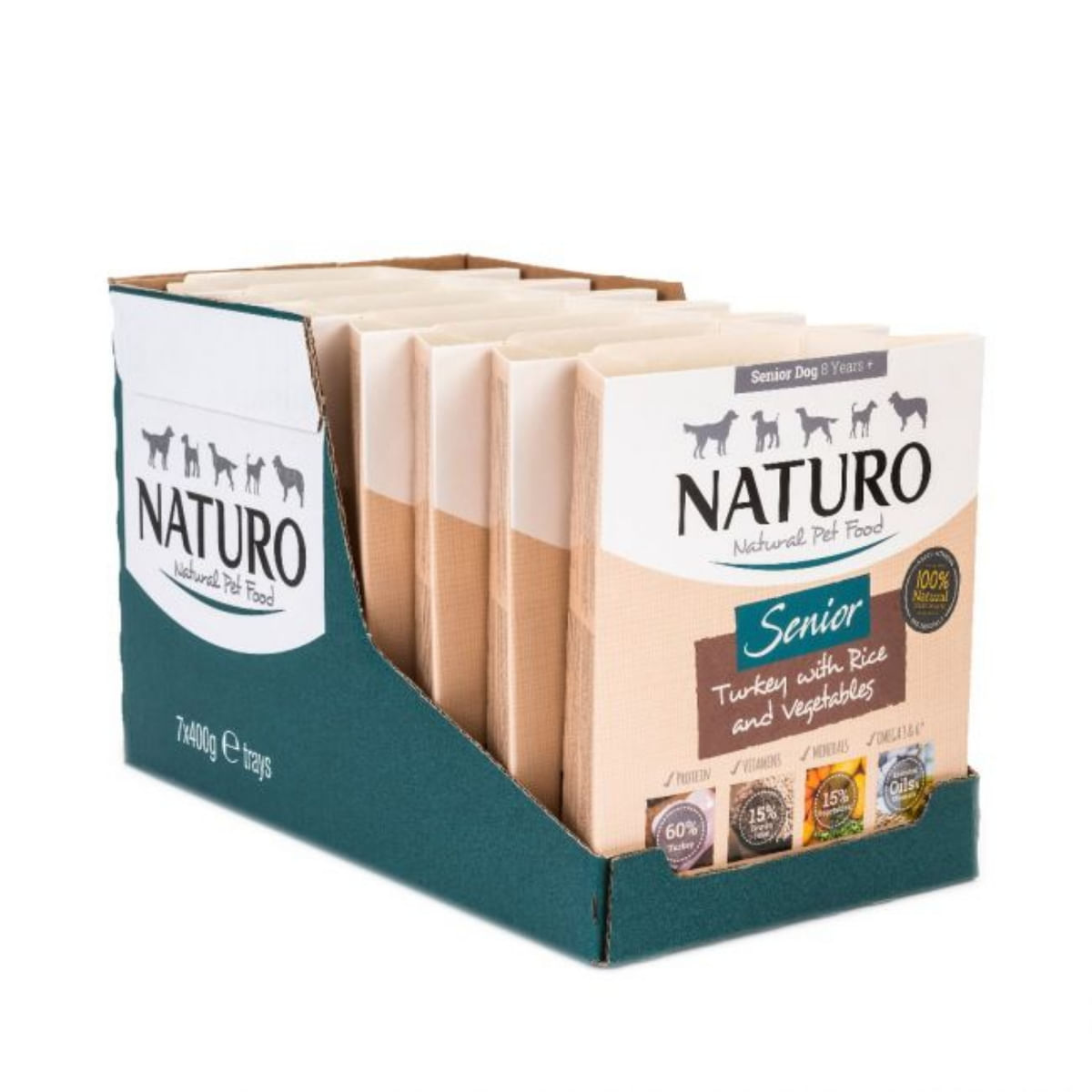 NATURO Low Grain Senior, XS-L, Curcan și Legume, tăviță hrană umedă conținut redus cereale câini senior, (în aspic), 400g - poza 2