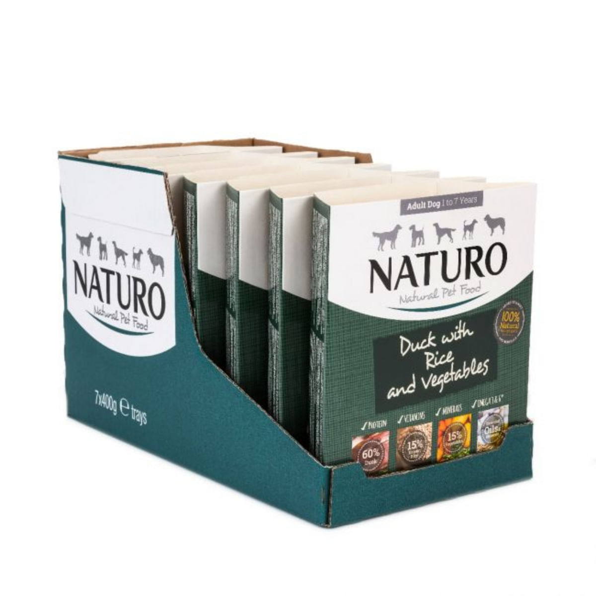 NATURO Low Grain, XS-L, Rață și Legume, tăviță hrană umedă conținut redus cereale câini, (în aspic), 400g - poza 1