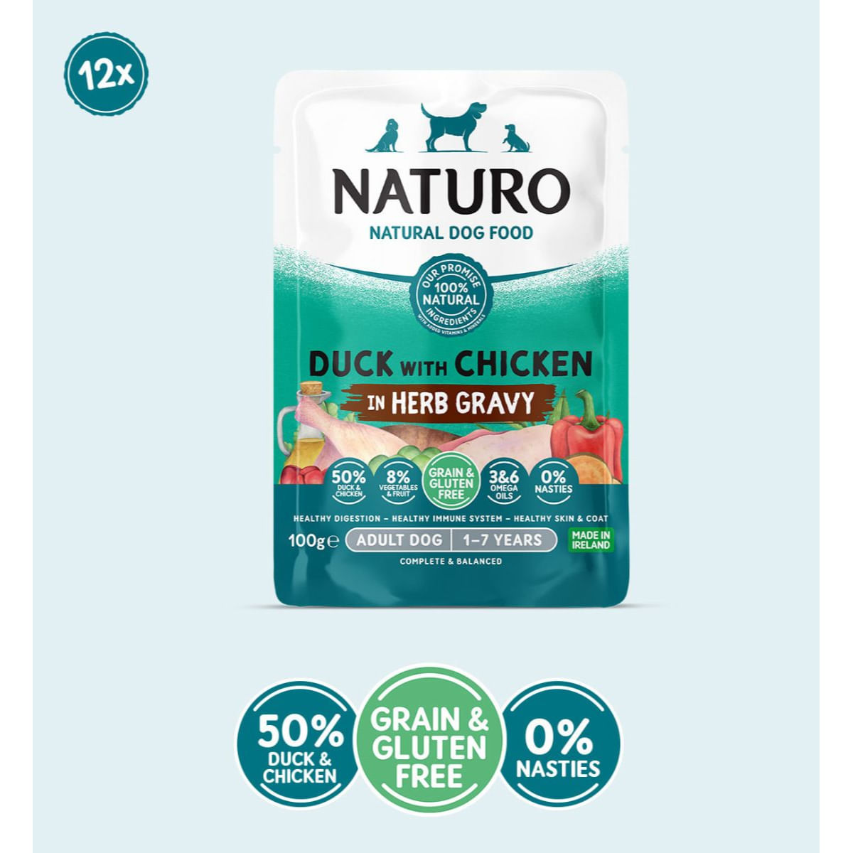 NATURO, XS-XL, Rață și Pui, plic hrană umedă fără cereale câini (în sos), 100g - poza 1