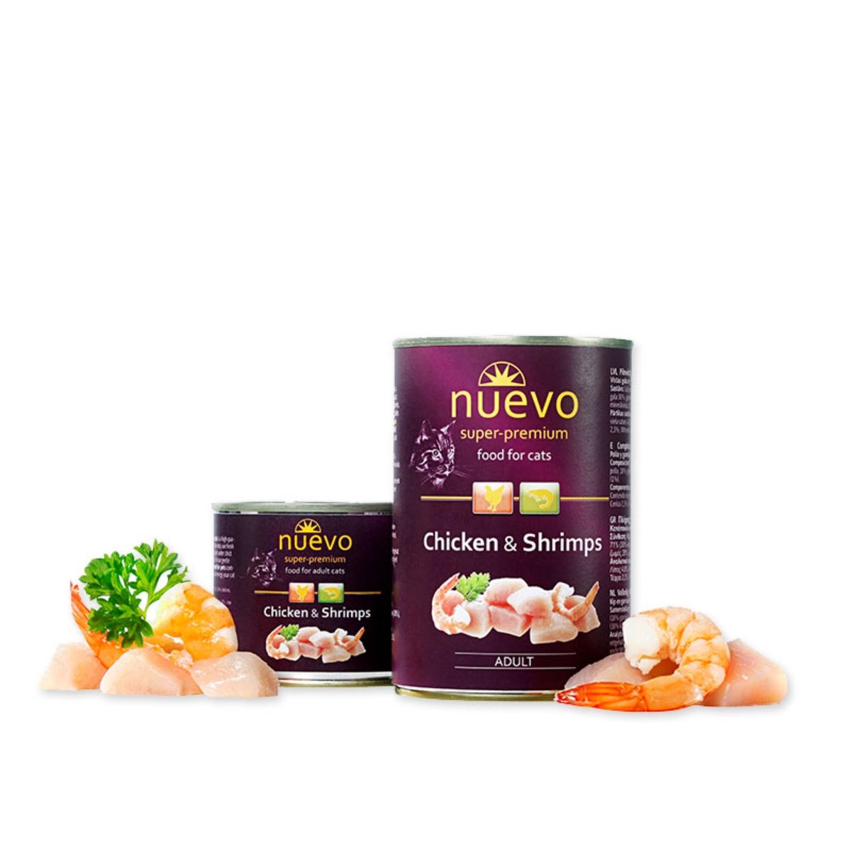 NUEVO, Pui și Creveți, conservă hrană umedă fără cereale pisici, apetit capricios, (pate), 400g - poza 1