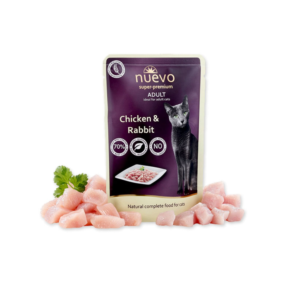 NUEVO, Pui și Iepure, hrană umedă fără cereale pisici, (pate) NUEVO, Pui și Iepure, plic hrană umedă fără cereale pisici, (pate), 85g - poza 1