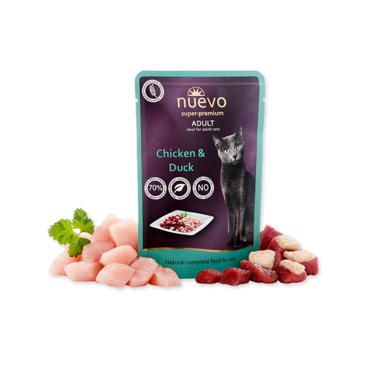 NUEVO, Pui și Rață, hrană umedă fără cereale pisici, apetit capricios, (pate) NUEVO, Pui și Rață, plic hrană umedă fără cereale pisici, apetit capricios, (pate), 85g - poza 2